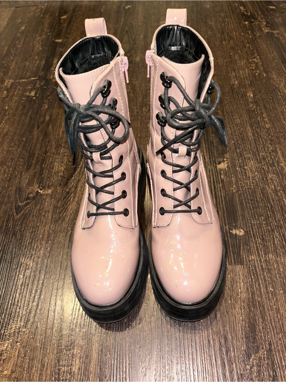 Sorel Pink Patent Holographic Lace-Up Platform Combat Boots with Black Sole